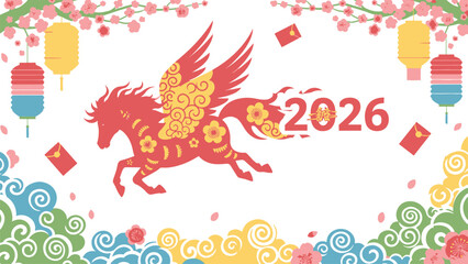 Dynamic Year of the Horse 2026 illustration with winged steed, festive lanterns, cherry blossoms, and auspicious clouds