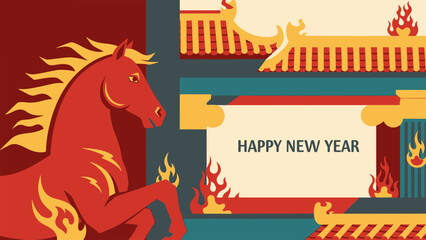Vibrant illustration of a majestic red horse symbolizing good fortune and a prosperous new year amidst traditional cultural motifs