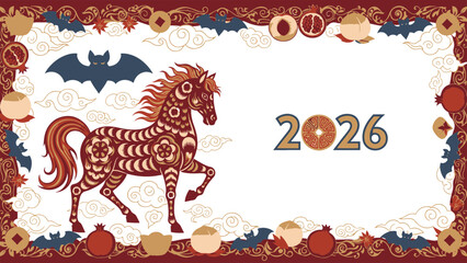 Vibrant 2026 Lunar New Year banner with a richly detailed, stylized horse illustration, surrounded by traditional cultural elements and auspicious symbols for prosperity and celebration