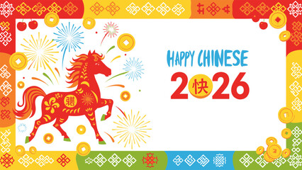 Vibrant Lunar New Year 2026 Celebration with Majestic Horse Zodiac and Dynamic Fireworks Display Banner Design