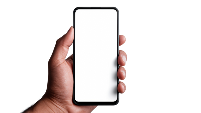 Human hand holding a smartphone with a blank screen for marketing and app presentations, showcasing a modern gadget experience for online use.