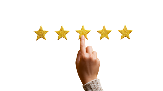 Hand touching a golden star on a yellow surface, representing customer feedback and online review satisfaction for services and products.