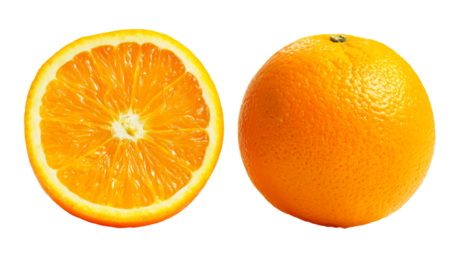 Fresh juicy orange slice and whole fruit showcasing vibrant citrus texture and refreshing segments for healthy food advertising and natural beverage promotion