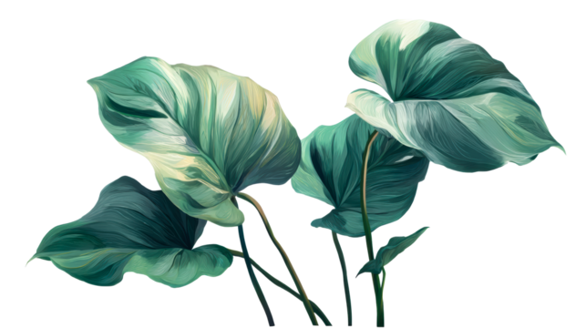 Collection of large, lush green leaves with visible veins and highlights, perfect for botanical themes and natural backgrounds.