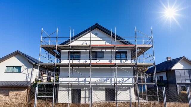 足場の組まれた二階建て住宅が改修工事中の様子を見せる構図