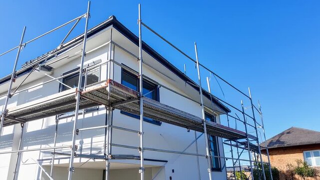 住宅の外壁補修のため足場が組まれた建築現場の全景