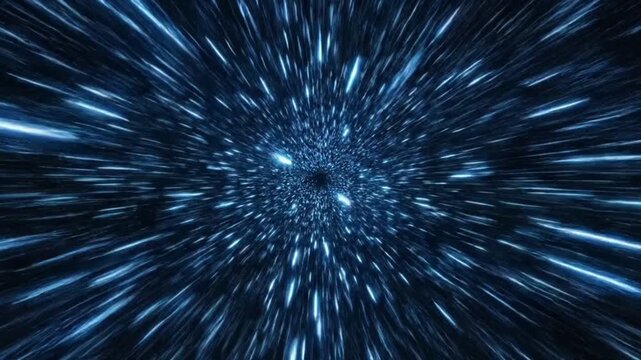 Hyperspace travel animation accelerating through a blue wormhole, a dynamic abstract space background for sci-fi projects and futuristic designs