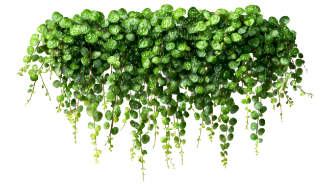 Trailing green plant with round succulent leaves cascades downwards, perfect for decorative backgrounds and natural living space enhancement.