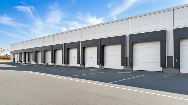 青空の下に並ぶ大型ガレージ倉庫の建物が整然と並ぶ構図