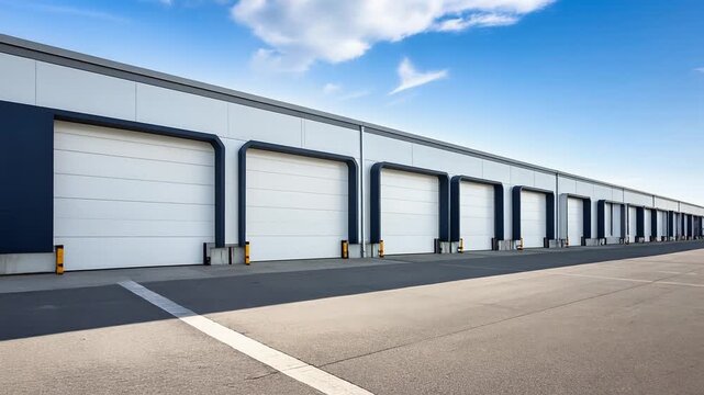 青空の下に連なるガレージ倉庫が整然と並ぶ工業地帯の一角