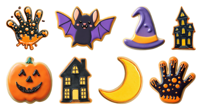 PNG Colorful Halloween-themed cookie designs, element set on transparent background - Powered by Adobe