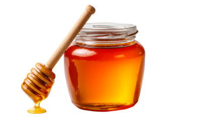 Golden honey flows from a wooden dipper into a glass jar, perfect for food promotions and healthy lifestyle content.