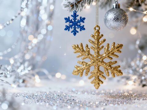 Golden snowflake ornament hanging from a Christmas tree branch with silver and blue decorations in a festive setting - Powered by Adobe