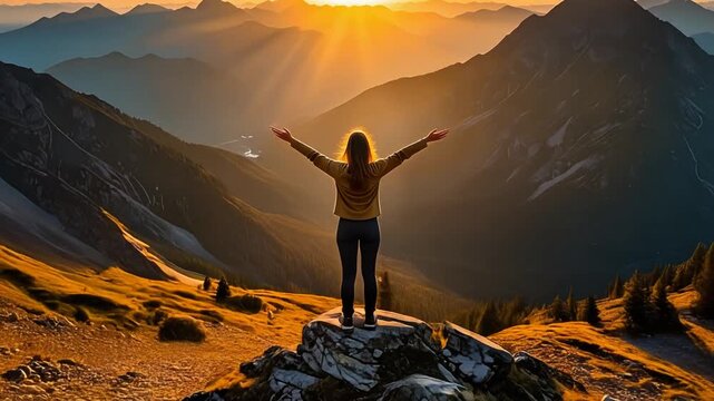 夕焼けに染まる広大な山々を背景に両腕を広げて立つ女性のシルエットが希望と自由を感じさせる