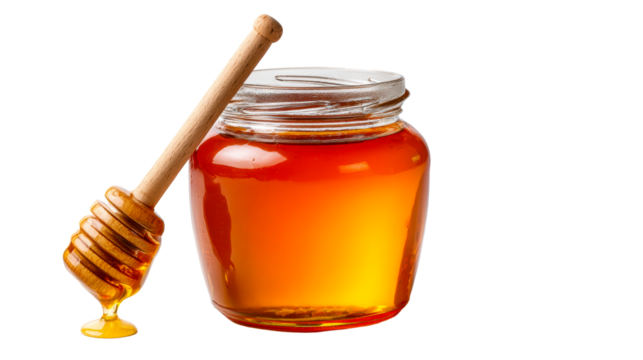 Golden honey flows from a wooden dipper into a glass jar, perfect for food promotions and healthy lifestyle content.