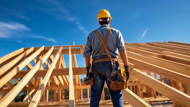 青空の下で建設中の木造住宅の屋根に立ち作業の進捗を確認するヘルメット姿の男性建設作業員