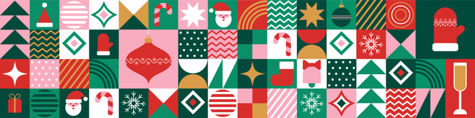 Colorful geometric seamless pattern for Christmas and New Year in Bauhaus style with holiday icons, festive background for greeting cards, gift wrapping, winter decorations and textile design.