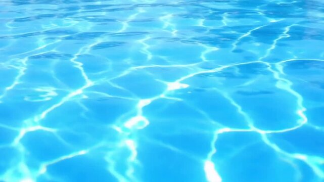 Close-up shot of clear blue swimming pool water. Sunlight reflecting on the surface, creating soft ripples and shimmering highlights. Clean, soothing, refreshing summer atmosphere. Gentle wave pattern