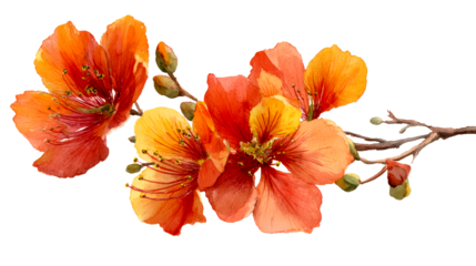 Delicate watercolor painting of vibrant orange and yellow tropical flowers blooming on a branch, perfect for floral themed graphic design and spring decorations.