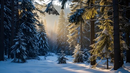 Breathtaking winter wonderland scene with sunlight streaming through snow covered evergreen trees, perfect for holiday promotions and serene nature backgrounds, evoking peace and tranquility