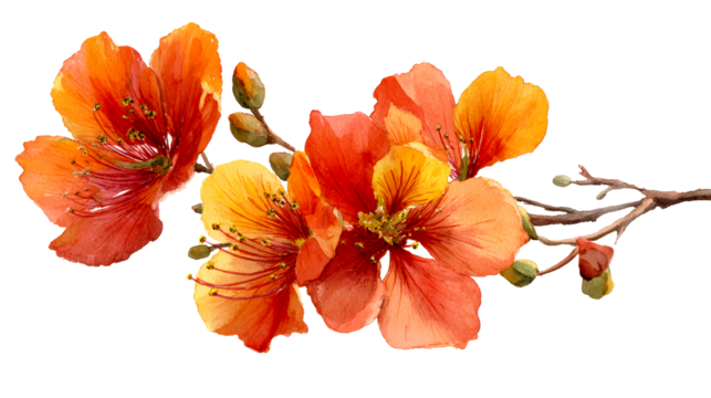 Delicate watercolor painting of vibrant orange and yellow tropical flowers blooming on a branch, perfect for floral themed graphic design and spring decorations.