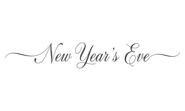 Elegant handwritten New Year's Eve calligraphy text isolated on white background black script font lettering for holiday celebration greeting card or party invitation design header
