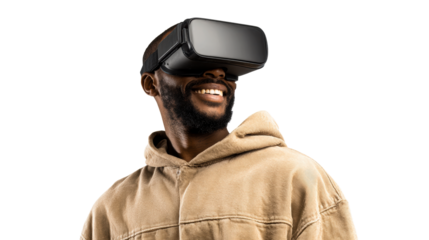 Black man wearing virtual reality headset smiling and looking into distance, concept for immersive technology and entertainment experiences for VR gaming and simulation