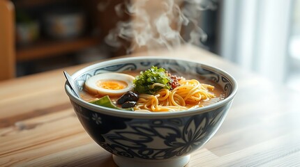 An ultra-realistic rendering of a steaming bowl of ramen, its ingredients clearly defined from the noodles to the toppings, with a shallow depth of field