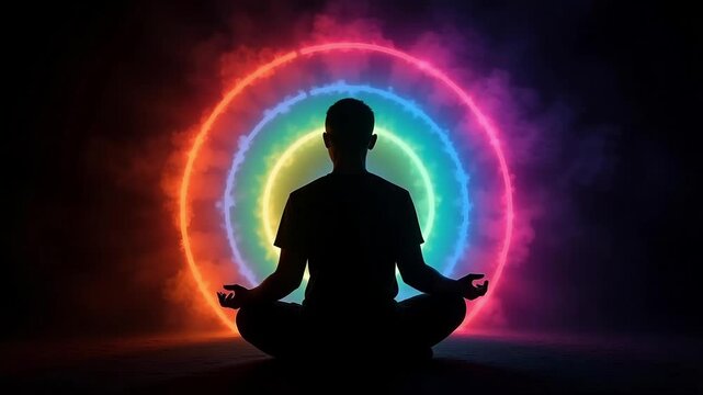 Meditating man's silhouette set against a vibrant rainbow portal - Find inner peace and balance with this dynamic spiritual sequence