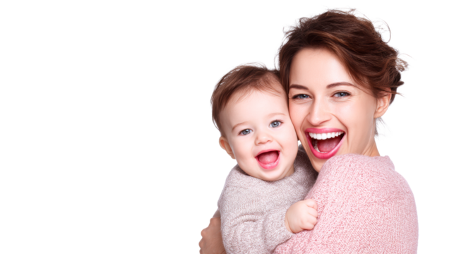 Happy mother with baby embracing and smiling together, perfect for family, love, and motherhood themes in marketing and media.
