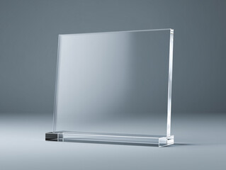 There is a mock-up of a stand made of transparent acrylic glass on the table. A template for a display, nameplate, and signage for a card design idea.