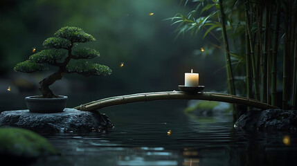 Zen Garden with Bonsai Tree, Bamboo Bridge, and Candle over Water, Fireflies in Soft Focus, Serene and Peaceful Ambiance for Meditation and Relaxation