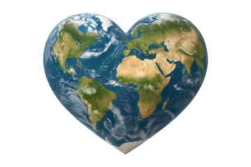 Heart Shaped Earth Globe Showing Continents Clearly Isolated on a Transparent Background