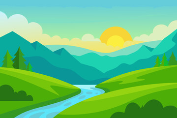 Obraz premium Cartoon landscape of a peaceful green valley at sunrise vector illustration