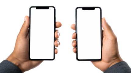 Two Black hands holding blank screen smartphones against a white backdrop for product mockups and app promotion demonstrations