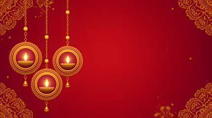featuring traditional Indian oil lamps, known as diyas, in an ornate, red and gold setting. 