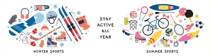 Winter sports equipment vs summer sports gear in round compositions, active lifestyle theme. Trendy modern vector illustration isolated on white, hand drawn, flat design