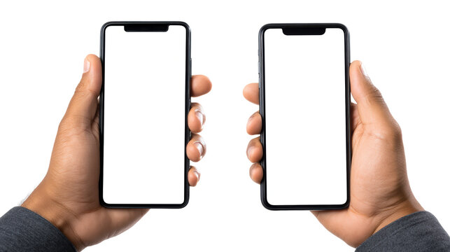 Two Black hands holding blank screen smartphones against a white backdrop for product mockups and app promotion demonstrations