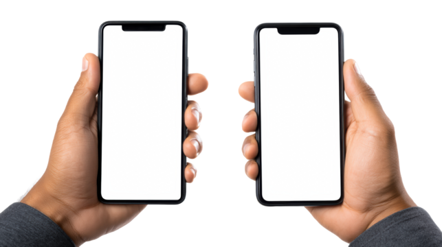 Two Black hands holding blank screen smartphones against a white backdrop for product mockups and app promotion demonstrations