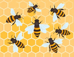 Charming cartoon bees buzz amidst a golden honeycomb backdrop, creating a sweet and lively scene