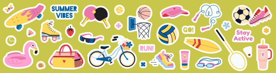 Fototapeta premium Colorful Summer activities and games sticker pack with sports gear, beach items, drinks, bicycles and motivational quotes. Die cut with white outline. Trendy modern flat vector illustration.