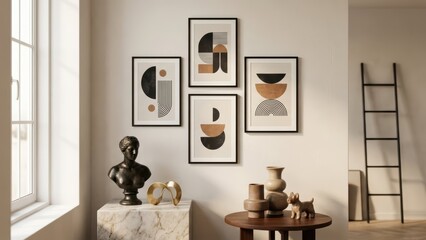 Modern art prints framed wall decor living room interior design home accessories and ladder minimalist style