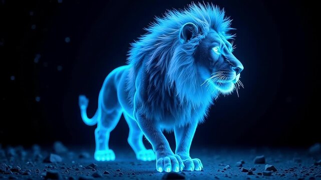 Powerful, glowing lion strides forward with electric blue energy, exuding courage and strength in a dark landscape, a striking symbol of leadership
