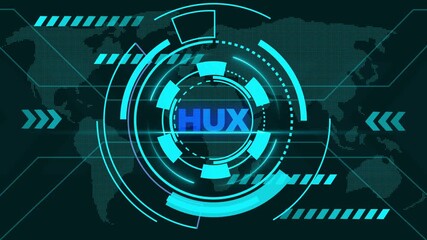 Digital HUD with World Map and " HUX" Text in Neon Blue interface futuristic - Powered by Adobe