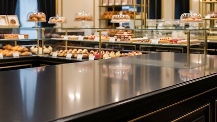 Elegant parisian patisserie display case filled with an array of exquisite french pastries and desserts showcasing a luxurious and inviting gourmet food shop