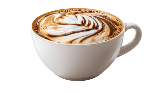 Luxury coffee beverage with intricate foam art and rich chocolate swirls, perfect for caf menus, hospitality promotions, and food blogs.
