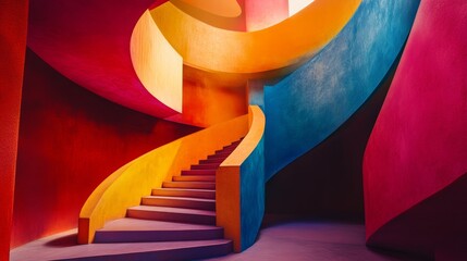 A vibrant spiral staircase invites exploration in a colorful abstract space. Bold colors redefine perception and inspire creativity. Journey upwards through imagination. Generative AI