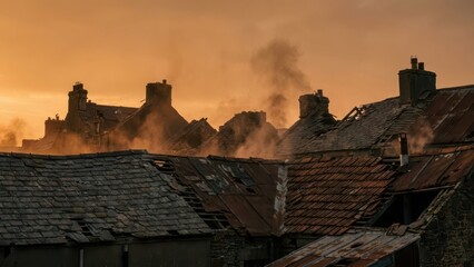 Derelict houses with smoke rising against an orange sky depicting war destruction and urban decay