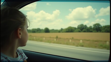 Rapidly developing Polaroid photo: Grainy, oversaturated road trip scene with a young person, featuring distant landscape blur as perfectly clean, abstract color planes shifting unnaturally fast due t