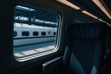 View from inside a modern train showing another high speed train at the station, conveying contemporary rail travel, comfort, quiet motion, and everyday urban mobility.
